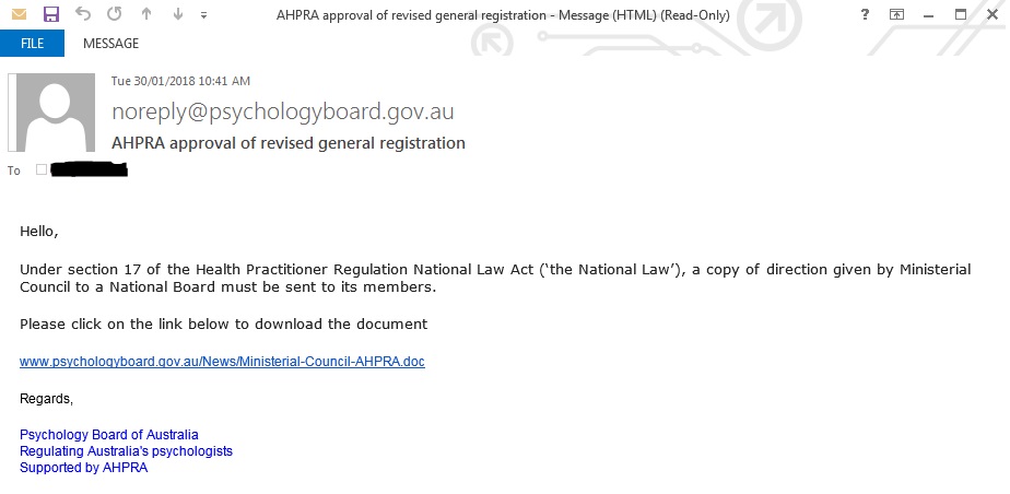 Board of Australia - Psychologists: beware email